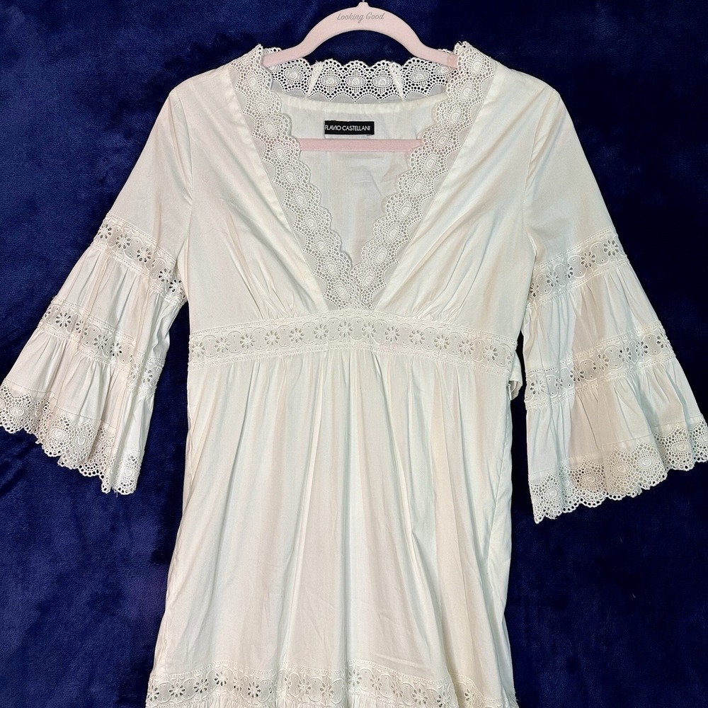 Flavio Castellani Italian White Lace Long Sleeve Dress US size 2 Italy Size 38 - Picture 2 of 16